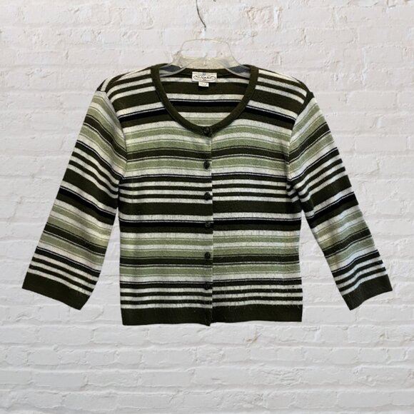 VINTAGE SUGAR -- Sweater, Lightweight, Green and White Striped, 3/4 Sleeves - Picture 10 of 16